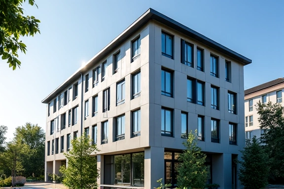 Modern irodaépület homlokzata, ahol a Példacég Kft. található, napfényes környezetben.