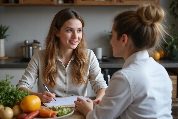 Egy nő, aki figyelmesen hallgatja a dietetikust, miközben jegyzetel, egy meleg, barátságos környezetben, friss ételekkel a háttérben.