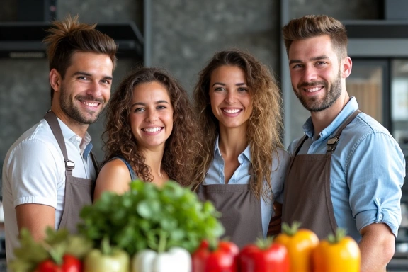 Egy csoport ember, akik mosolyogva együtt főznek egy modern konyhában, egészséges alapanyagokkal, a közösség és a támogatás jelképeként.
