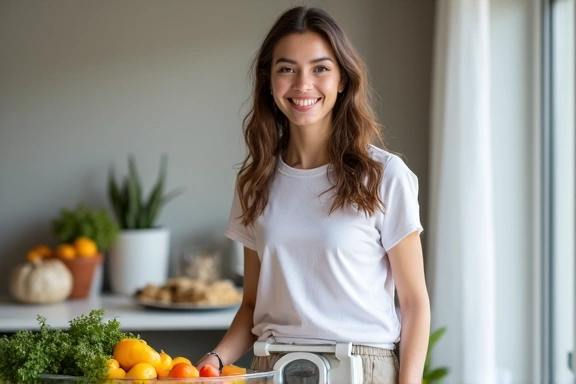 Fiatal nő mérleggel és egészséges ételekkel, mosolyogva.